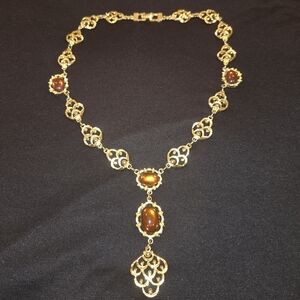 Vintage statement necklace Gold Brown cabochon drop necklace gorgeous !